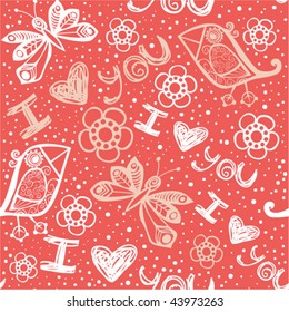 'I love you' seamless pattern with stylized bird, butterfly and flower