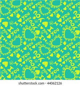 'I love you' seamless pattern with cute hearts and hand-drawn butterflies