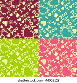 'I love you' seamless pattern with cute hearts and hand-drawn butterflies, four textures