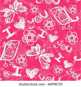  'I love you' seamless pattern with stylized bird, butterfly and flower on snowflakes background.