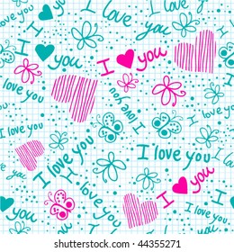 "I love you" seamless texture with heart and butterfly on square paper