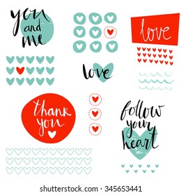 "I love you" set with stickers, banners, labels, tags and hearts Illustrations.  Template for  Valentine's day Cards, Stickers, Invitations. Vector. Valentine`s Day design elements and lettering.
