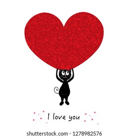 ''I love you'' text with cute black cats holding shining red heart. Happy Valentine's day greeting card