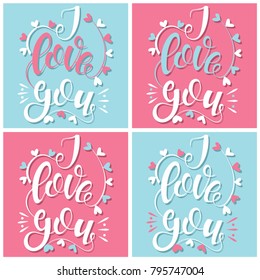 "I love you" text. Vector hand drawn lettering card set with hearts isolated on a white background.
