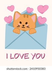 "I love you" Valentines day card, charm of cute cat inside a love letter .  picture infuse your surroundings with a dose of sweetness and joy.greeting card for cat lover.
