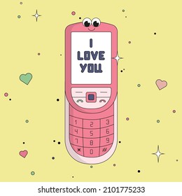 "I love you" vector card with an old cellphone for St. Valentine's Day