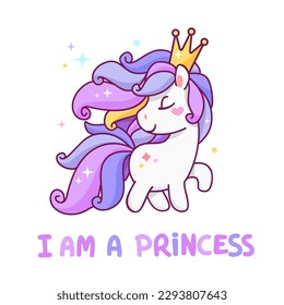 "I am a princess" card. Cute Girly Pony with Princess Crown. Cartoon White Pony with piurple hair and typography design ". Baby Pony for kids print design on tee shirt or pajamas
