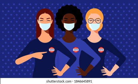 "I voted" sticker. Women in protective medical mask. Women showing "I Voted" sticker after voting in election. Presidential election 2020 in USA. Blue design with Copy Space.