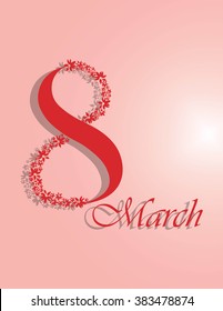 I8 March Invitation Red symbol for Women Day. Floral ornamented for Greeting card with symbol March. Design flower ornament elements for invitations, celebration etc