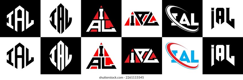 IAL letter logo design in six style. IAL polygon, circle, triangle, hexagon, flat and simple style with black and white color variation letter logo set in one artboard. IAL minimalist and classic logo