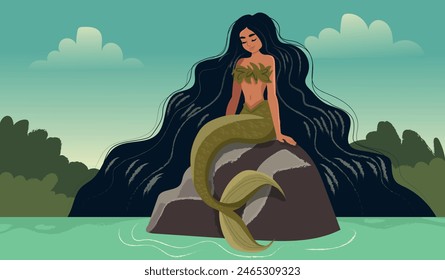 Iara - legend of Brazilian folklore, mermaid from the Amazon rainforest. vector illustration.