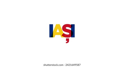 Iasi in the Romania emblem for print and web. Design features geometric style, vector illustration with bold typography in modern font. Graphic slogan lettering isolated on white background.