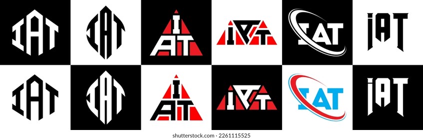 IAT letter logo design in six style. IAT polygon, circle, triangle, hexagon, flat and simple style with black and white color variation letter logo set in one artboard. IAT minimalist and classic logo