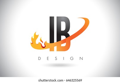IB I B Letter Logo Design with Fire Flames and Orange Swoosh Vector Illustration.