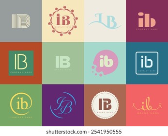 IB logo company template. Letter i and b logotype. Set different classic serif lettering and modern bold text with design elements. Initial font typography. Collection trendy business identity.