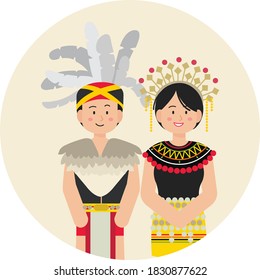 Iban couple character wearing traditional costume. Vector flat illustration.