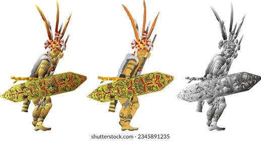 Iban tribal war dance in traditonal tribal costume, isolated against white. 3D vector illustration.