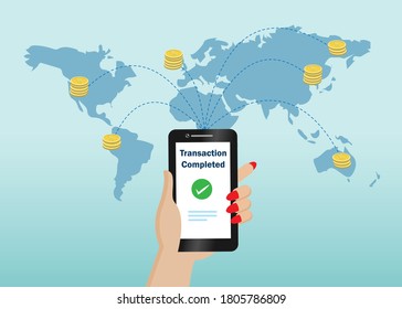 Ibanking and online money transfer concept. Hand holding smart phone successful transfer money to many country around the world. 