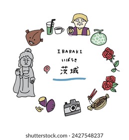 Ibaraki prefecture hand drawn cute icon set Translation “Ibaraki prefecture in Japan”