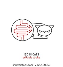IBD en gatos. Icono lineal, pictograma, símbolo. Enfermedad común. Concepto veterinario. Ilustración de vector aislada editable en el estilo de contorno en un fondo blanco