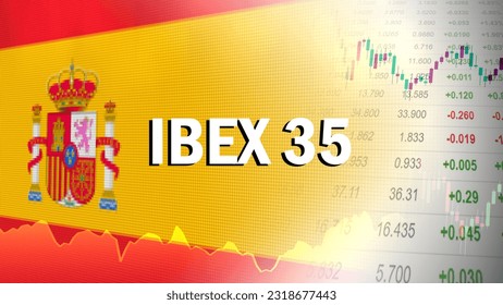 IBEX 35, benchmark stock market index of the Bolsa de Madrid. Iberia Index Spain. Trading screen background. Candlestick pattern, Price line, Price quotation, and Spanish flag.