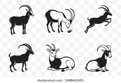 Ibex Black Vector Set for Wildlife Illustrations and Artistic Projects Featuring Detailed Ibex Designs