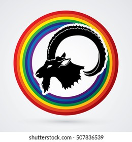 Ibex head with big horn designed on rainbows background graphic vector.