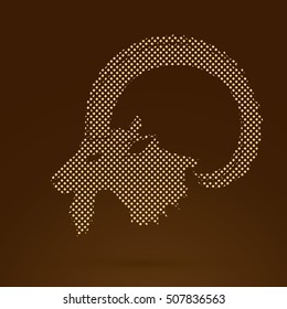 Ibex head with big horn designed using golden dots pixels graphic vector.