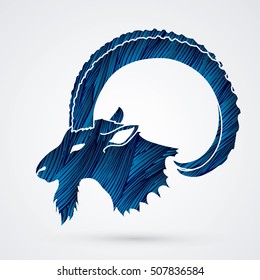 Ibex head with big horn designed using blue grunge brush graphic vector.