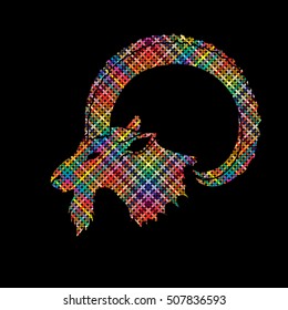 Ibex head with big horn designed using colorful pixels graphic vector.