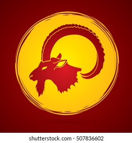 Ibex head with big horn designed on moonlight background graphic vector.