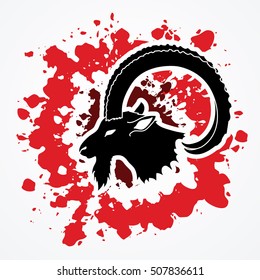 Ibex head with big horn designed on splatter blood background graphic vector.