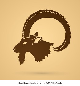 Ibex head with big horn graphic vector.