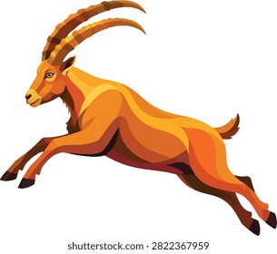 ibex leaping across ridge, side profile facing left, full body, alpine ungulate, vector illustration