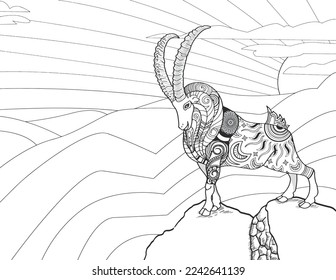 Ibex auf dem Hügel, Madala-Linienzeichnung