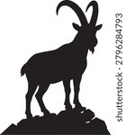 Ibex on rock, mountain goat vector, wild animal silhouette.