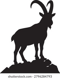 Ibex on rock, mountain goat vector, wild animal silhouette.