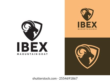 ibex silhouette logo with shield vector illustration design