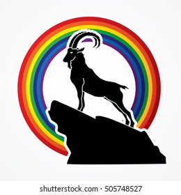 Ibex standing on the cliff designed on rainbow background graphic vector.