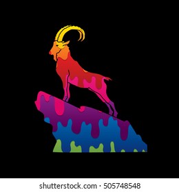 Ibex standing on the cliff designed using colors melting graphic vector.