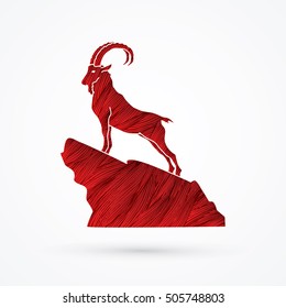 Ibex standing on the cliff designed using red grunge brush graphic vector.
