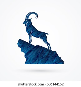 Ibex standing on the cliff designed using blue grunge brush graphic vector.