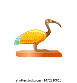 Ibis bird, ancient Egyptian god Thoth symbol. Deity of wisdom, writing, hieroglyph, science. Golden decorated wing. 3d cartoon vector illustration. Old art icon from Egypt isolated on white background