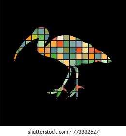 Ibis bird mosaic color silhouette animal background black