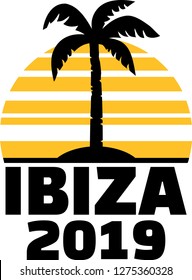 Ibiza 2019 with palm tree and sunset