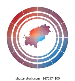 Ibiza badge. Bright gradient logo of island in low poly style. Multicolored Ibiza rounded sign with map in geometric style for your infographics.