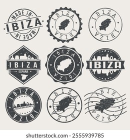 Ibiza, Balearic Islands, Spain Set of Stamps. Country Travel Marks. Made In Product. Design Seals Old Style Insignia.