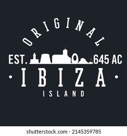 Ibiza, Balearic Islands, Spain Skyline Original. A Logotype Sports College and University Style. Illustration Design Vector City.