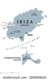 Ibiza and Formentera Island, Spain, gray political map. Pityusic Islands, also known as Pine Islands, part of Balearic Islands, an archipelago of Spain, in the Mediterranean Sea. Illustration. Vector.