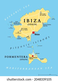 Ibiza and Formentera Island, Spain, political map. Pityusic Islands commonly known as Pine Islands, part of the Balearic Islands, an archipelago of Spain in the Mediterranean Sea. Illustration. Vector